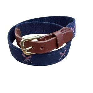 Leather Man Embroidered Lacrosse Belt Brass Buckle Leather Trim Navy Size 30